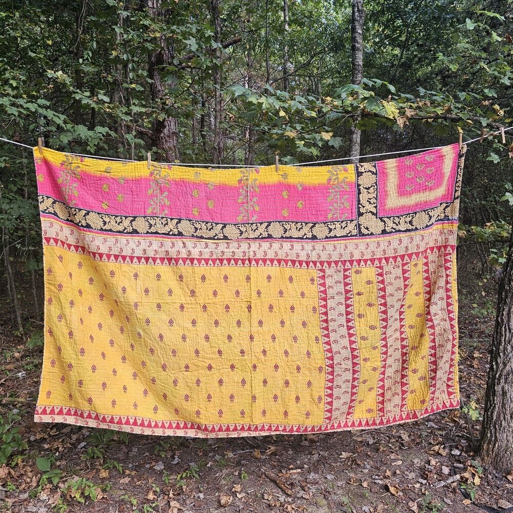 Vintage Handmade Indian Kantha Quilt Reversible Yellow Pink Recycled Saris